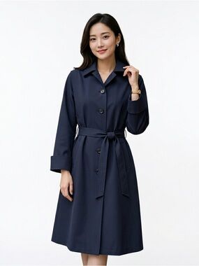 Aquascutum London Navy Trench  Button Down Coat with Belt Women Rainwear 65 inch